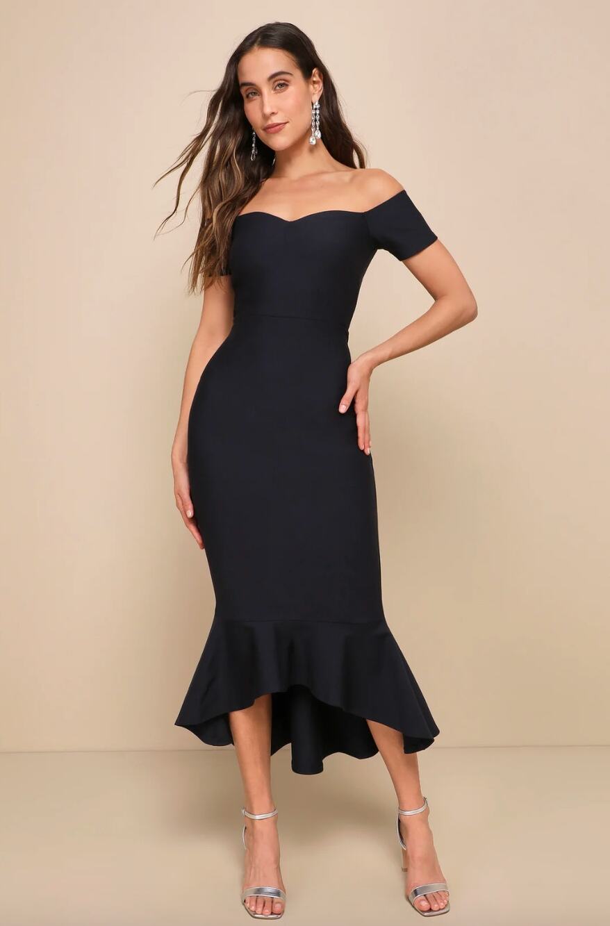 Lulus How Much I Care Midnight Blue Off-the-Shoulder Midi Dress Cocktail XS NWT